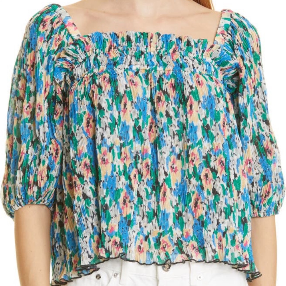 Ganni Floral Print Plisse Smocked Georgette Top, Sz 38 (US 6)